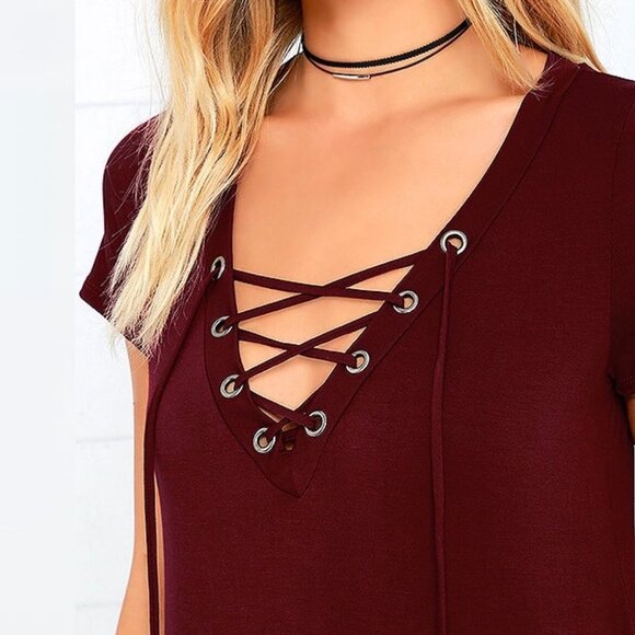 Lulus Enjoy The Ride Wine Red lace Up Short Sleeve Tee T-Shirt Boho NEW XS Boho - Picture 12 of 12